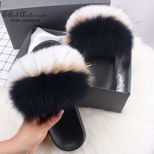 Ethel Anderson Fashion Real Raccoon Fur Slippers Slides Summer Flip Flops Casual Vogue Fox Fur Sandals Vogue Plush Shoes