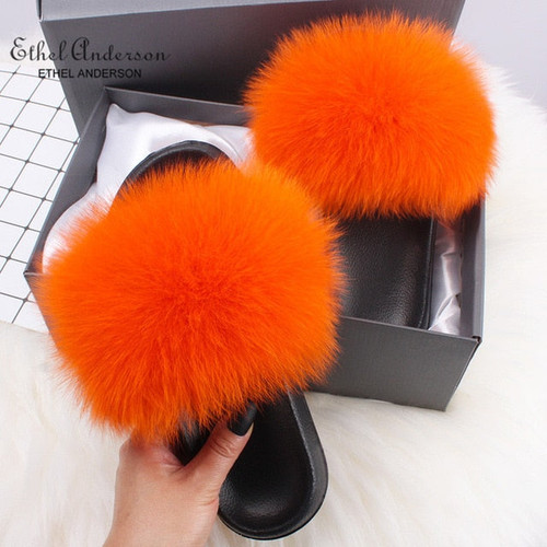 Ethel Anderson Fashion Real Raccoon Fur Slippers Slides Summer Flip Flops Casual Vogue Fox Fur Sandals Vogue Plush Shoes