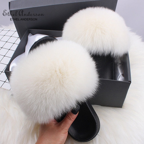 Ethel Anderson Fashion Real Raccoon Fur Slippers Slides Summer Flip Flops Casual Vogue Fox Fur Sandals Vogue Plush Shoes