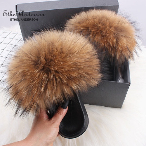 Ethel Anderson Fashion Real Raccoon Fur Slippers Slides Summer Flip Flops Casual Vogue Fox Fur Sandals Vogue Plush Shoes