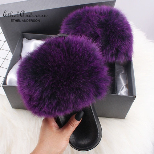 Ethel Anderson Fashion Real Raccoon Fur Slippers Slides Summer Flip Flops Casual Vogue Fox Fur Sandals Vogue Plush Shoes