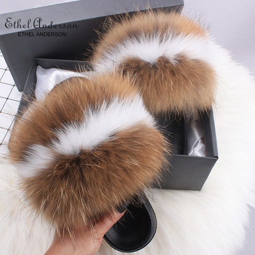Ethel Anderson Fashion Real Raccoon Fur Slippers Slides Summer Flip Flops Casual Vogue Fox Fur Sandals Vogue Plush Shoes