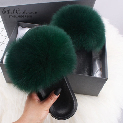 Ethel Anderson Fashion Real Raccoon Fur Slippers Slides Summer Flip Flops Casual Vogue Fox Fur Sandals Vogue Plush Shoes