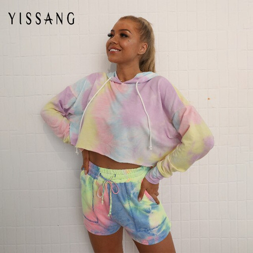 Yissang Tie Dye Cotton Summer 2 Piece Set Women Hoodie Crop Top And Long Pant Set TrackSuit Sexy Two Piece Set Casual Clothing