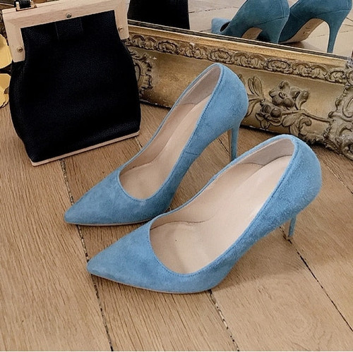 New Fashion Pointed Toe Thin Heels Blue Slip-on Party Wedding Banquets Night-club Pumps Women Shoes Big Size 6CM/8CM/10CM B0032