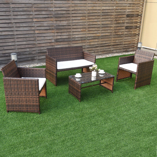 Giantex 4 PC Rattan Patio Furniture Set Garden Lawn Sofa Cushioned Seat Wicker Sofa New Garden Set HW57031