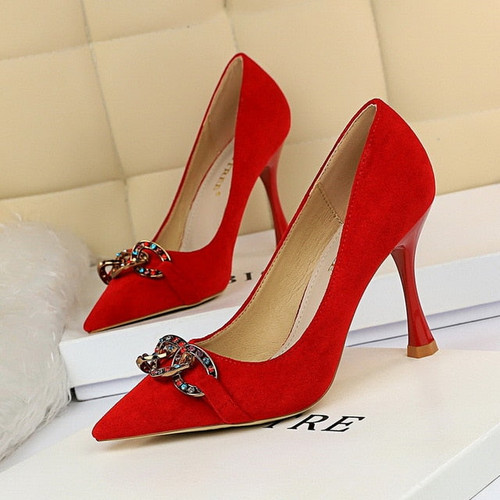 Elegant Suede Women Pumps High Heels Rhinestone Flower Wedding Shoes Bigtree Design Pointed Toe High Heels Shoes 9.5CM Heel