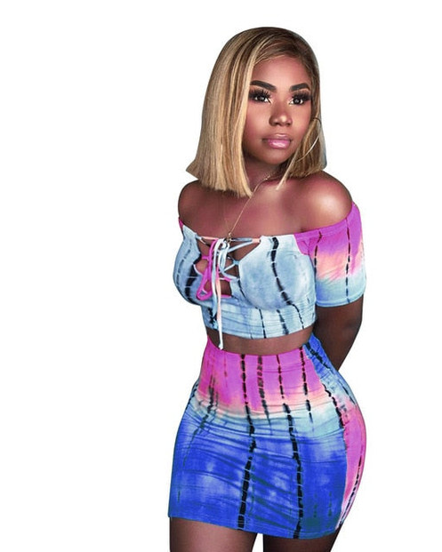 Women Two Piece Set Summer Lace up Crop Top and Skirt Set Tie Dye Pattern Printed T Shirts 2018 Casual Tracksuit 2 Piece Outfits