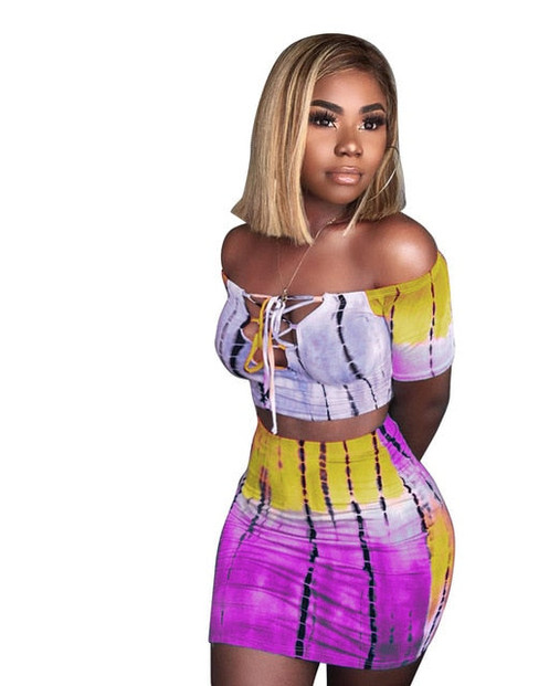 Women Two Piece Set Summer Lace up Crop Top and Skirt Set Tie Dye Pattern Printed T Shirts 2018 Casual Tracksuit 2 Piece Outfits