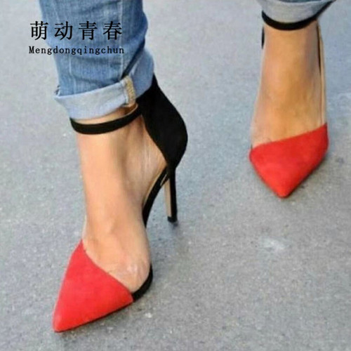 Fashion Women High Heels Shoes 2019 Mix Color Buckle Strap Summer Boots Sexy Pointed Toe Thin Heels Shoes Women Dress Pumps