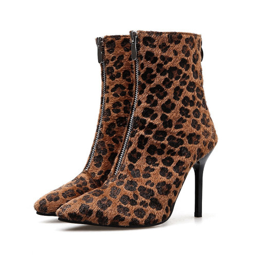 Women Leopard High Heel Ankle Boots Sexy Pumps Toe Pointed Boots Shoes High Heel