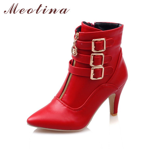 Meotina Shoes Women Boots Spring High Heels Ankle Boots Pointed Toe Buckle Martin Boots Zip Ladies Shoes White Big Size 44 45 11