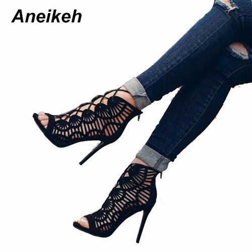 Aneikeh Summer Sandals Women Pumps Open-toed Women High Heels Shoes Fashion Serpentine Pattern Belt 11cm Thin Heels  Party Shoe