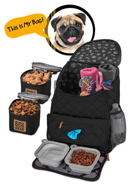 Weekender Bundle: ODG Day Away Tote Bag TM (Black), ODG Dine Away Set (Small Dogs) (Black) and Weekender Backpack