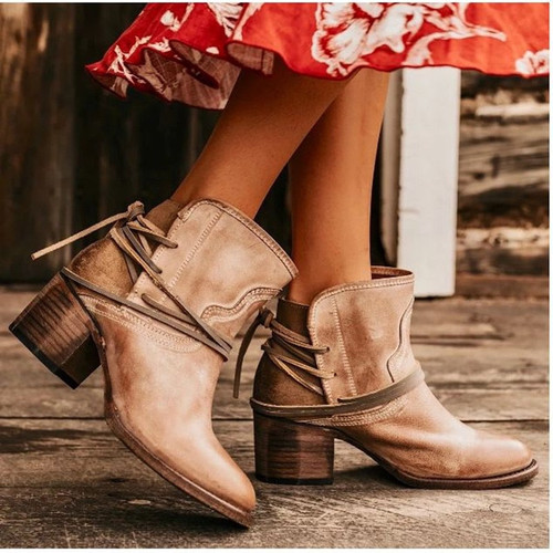 Vintage High Heels Pumps Lace-up Leather Booties