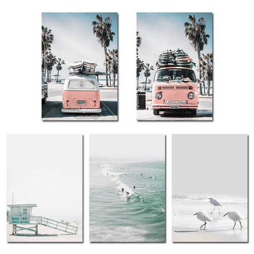 Modern Sea Beach Bus Wall Art Canvas Decoration Posters