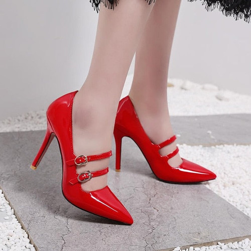 SGESVIER Fashion Pointed Toe Solid High Heel Shoes Nightclub Women's Pumps Thin Heel Buckle Wedding Party Shoes Size 30-47 OX293