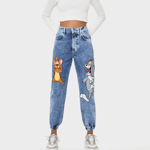 Jeans Women Pants England Style High Street Vintage Cartoon Cat And Mouse Print High Waist Jeans Female Casual Denim Trousers