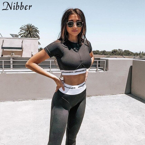 Nibber Casual Fashion letter print Workout Skinny two Piece Set Women Fitness Sport short Sleeve crop Top And Leggings Tracksuit