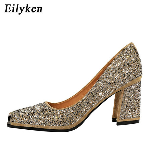 Eilyken Crystal Chunky Heels Pumps 2020 Spring Women Fashion New Design Square Toe Bling Rhinestone Red Wedding Bride Shoes