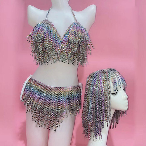 Shining Multicolor rhinestone tassel bikini Nigthclub bar Festival rave Outfit wig singer DJ DS gogo Stage dance costume