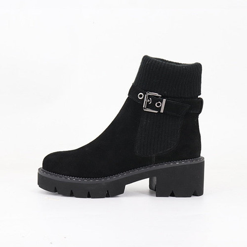 BESCONE Fashion Women Boots Basic Solid Buckle Handmade Square Heel Shoes Casual Winter Round Toe Comfortable Ladies Boots BC241