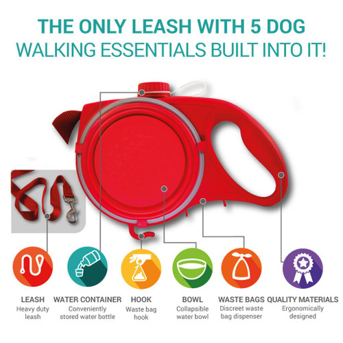 Aqua Leash Multi Function Dog Leash With Built-in Water Bottle Bowl & Waste Bag Dispenser