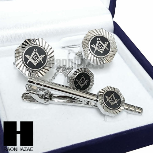 MENS 14K WHITE GOLD FREEMASON MASONIC SIGN G CUFFLINKS TIE PIN TIE CLIP GIFT BOX