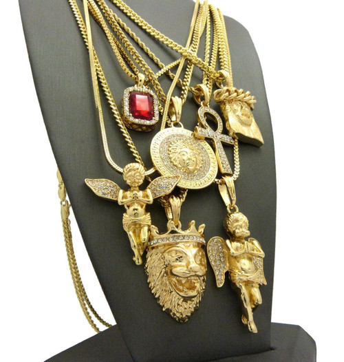 Hip Hop Ruby, 2 Angels, Jesus, Lion, Medusa, Ankh Pendant 7 Necklace Set GB112G