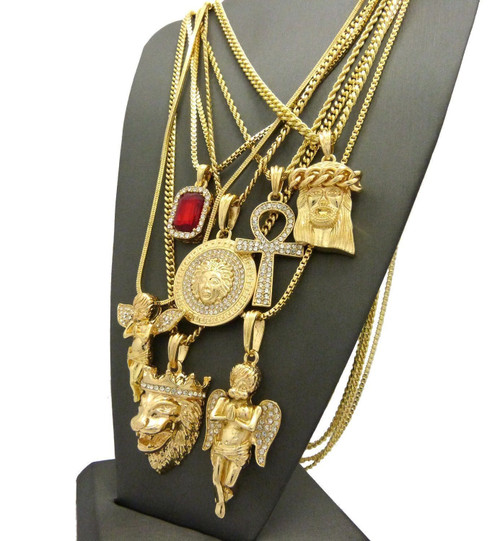 Hip Hop Ruby, 2 Angels, Jesus, Lion, Medusa, Ankh Pendant 7 Necklace Set GB112G