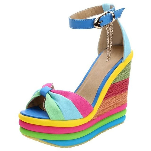 Multicolor Patchwork Sandals Rainbow Pastel Wedge Shoes #JU2823