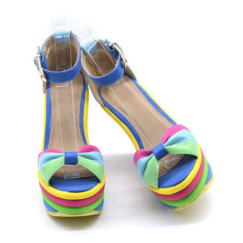 Multicolor Patchwork Sandals Rainbow Pastel Wedge Shoes #JU2823