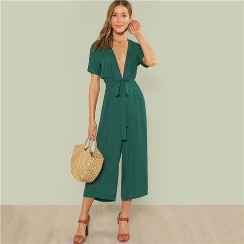 Green Plunge Neck Belted Jumpsuit