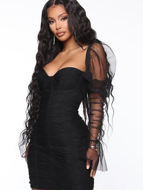 Wrapped Chest Panelled Mesh Sleeve Pleated Mini Dress