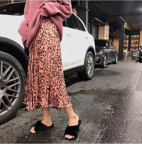 Leopard Print Pleated Midi Skirts