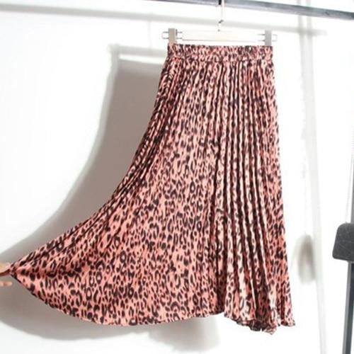 Leopard Print Pleated Midi Skirts