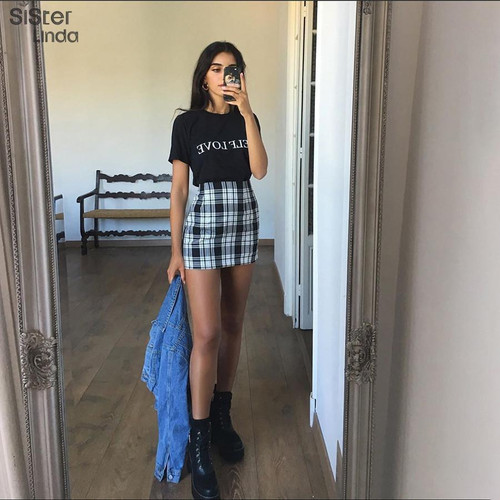 Vintage Black Plaid Mini Skirt High Waist Office