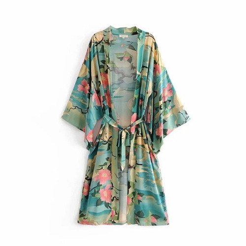 Green Floral Print Bird Kimono Batwing Sleeve Loose Maxi Kimonos Cardigan