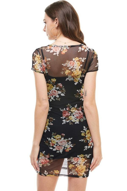 Floral Inner Lined Mock Neck Cap Sleeve Fitted Dress