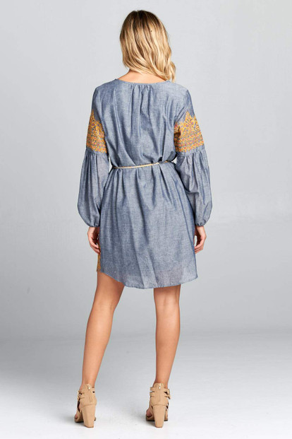 Long Sleeve Embroidered Dress With Waist Tie