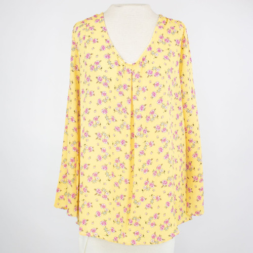 V-neck Floral Print Long Sleeve Blouse - Yellow