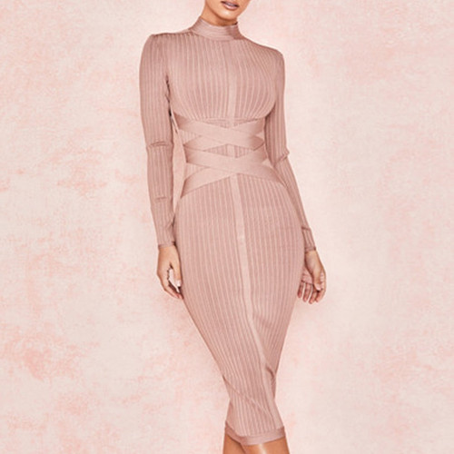 2019 New Spring Bodycon Bandage Dress Women Sexy Nude Long Sleeve Midi Club Dress Vestidos Celebrity Evening Party Dresses