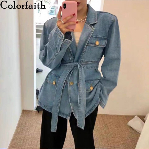 Denim Jackets Casual Turn-down Collar Pockets Sashes