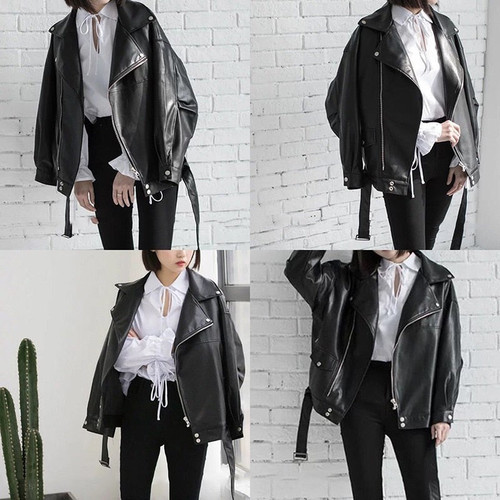 Black PU Leather Loose Turn-down Collar Zipper Fashion Jacket