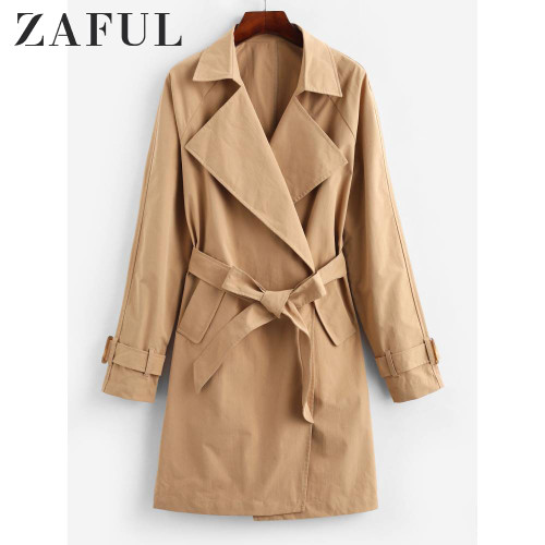 Turn Down Collar Pockets Belted Trench Coat