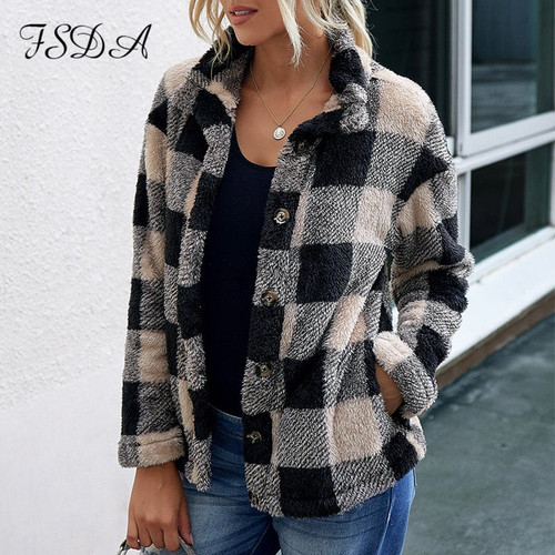 Faux Fur Short Jacket Plaid Pocket Overcoat