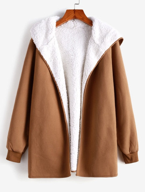 Fur Lining Hooded Coat Long Sleeve Solid Color Pockets