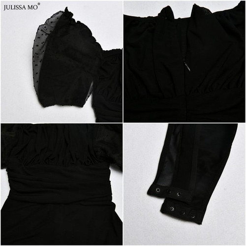 Black Dot Mesh Sexy Tops Elegant Puff Sleeve Square Collar Bodysuits