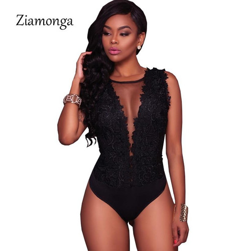 Sexy Black Lace Mesh Romper Backless Embroidery Bodysuit