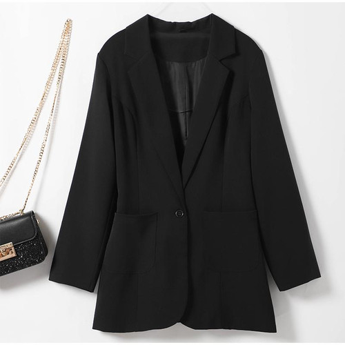 Fashion Autumn Work Office Lady Black Pockets Notched Blazer